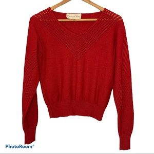 Oscar De La Renta Vintage Red Knit Eyelet V Neck Festive Holiday Sweater Size S